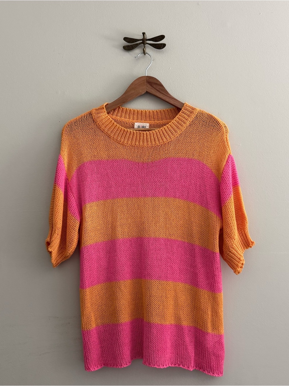 Bibi Orange & Pink Striped Knit Short Sleeve Sweater Medium